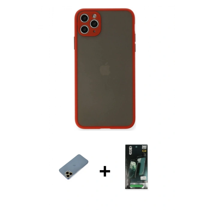 MARSİLYAN™- iPhone 11 Pro Max Kılıf Ahenk Çizgi Serisi - Siyah 360 Mat Full Body Arka Koruyucu + Shine Kamera Lens Koruma Cam - GD