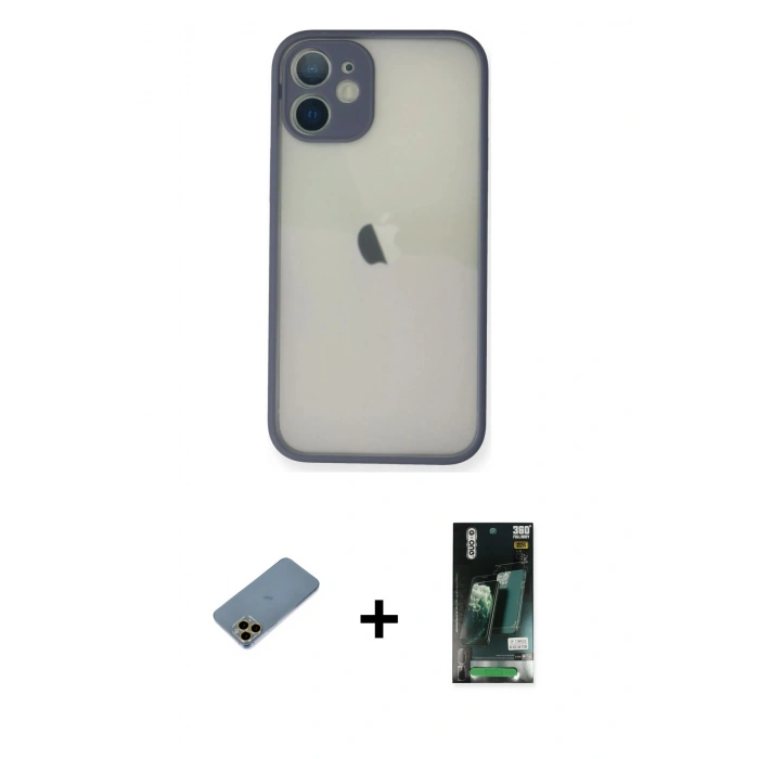 MARSİLYAN™- iPhone 11 Pro Max Kılıf Ahenk Çizgi Serisi - Siyah 360 Mat Full Body Arka Koruyucu + Shine Kamera Lens Koruma Cam - GD