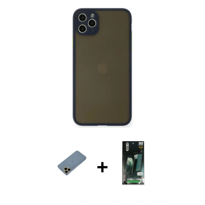 MARSİLYAN™- iPhone 11 Pro Max Kılıf Ahenk Çizgi Serisi - Siyah 360 Mat Full Body Arka Koruyucu + Shine Kamera Lens Koruma Cam - GD
