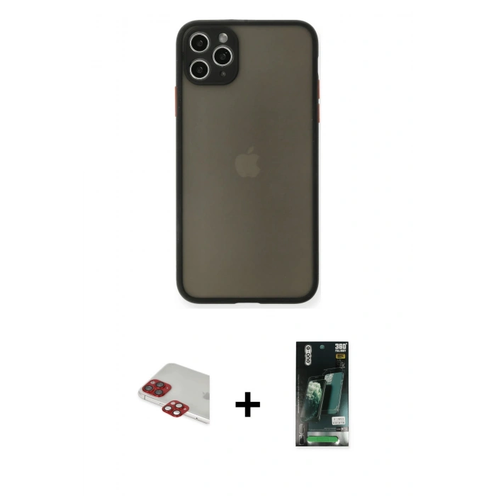MARSİLYAN™- iPhone 11 Pro Max Kılıf Ahenk Çizgi Serisi - Siyah 360 Mat Full Body Arka Koruyucu + Pers Alüminyum Kamera Lens - KI