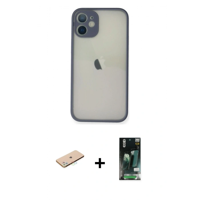 MARSİLYAN™- iPhone 11 Pro Max Kılıf Ahenk Çizgi Serisi - Siyah 360 Mat Full Body Arka Koruyucu + Renkli Kamera Lens Koruma Cam - MI