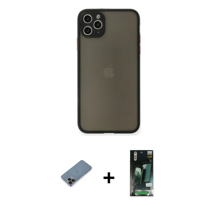 MARSİLYAN™- iPhone 11 Pro Max Kılıf Ahenk Çizgi Serisi - Siyah 360 Mat Full Body Arka Koruyucu + Metal Kamera Lens Koruma Cam - SH