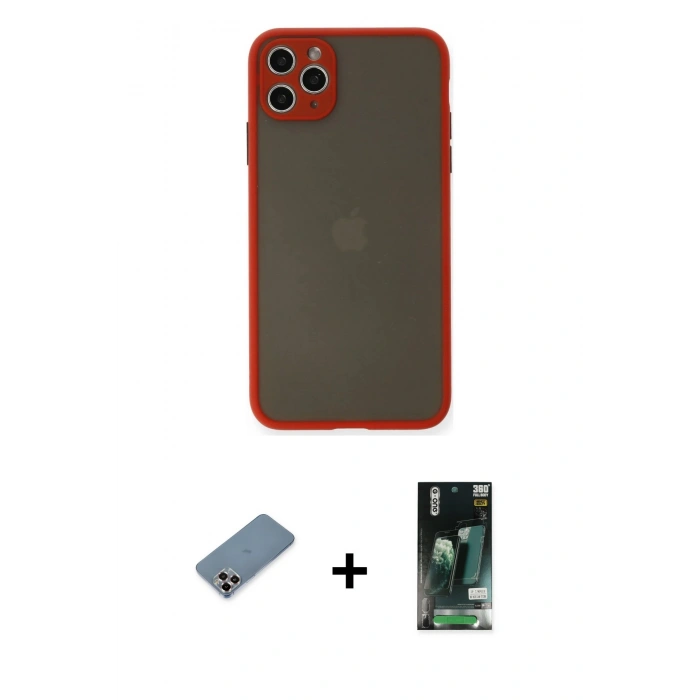 MARSİLYAN™- iPhone 11 Pro Max Kılıf Ahenk Çizgi Serisi - Siyah 360 Mat Full Body Arka Koruyucu + Metal Kamera Lens Koruma Cam - MR