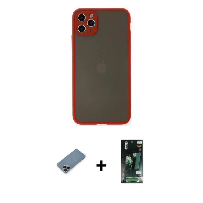 MARSİLYAN™- iPhone 11 Pro Max Kılıf Ahenk Çizgi Serisi - Siyah 360 Mat Full Body Arka Koruyucu + Metal Kamera Lens Koruma Cam - SH