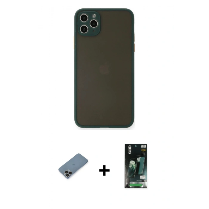 MARSİLYAN™- iPhone 11 Pro Max Kılıf Ahenk Çizgi Serisi - Siyah 360 Mat Full Body Arka Koruyucu + Metal Kamera Lens Koruma Cam - SH