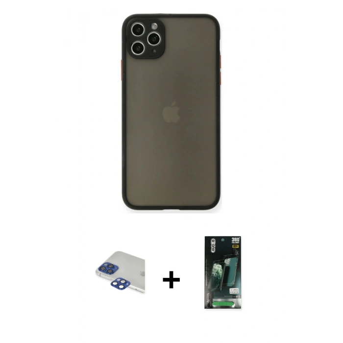 MARSİLYAN™- iPhone 11 Pro Max Kılıf Ahenk Çizgi Serisi - Siyah 360 Mat Full Body Arka Koruyucu + Pers Alüminyum Kamera Lens - LT