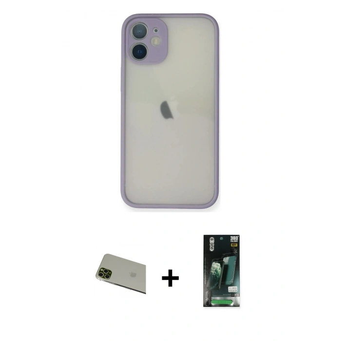 MARSİLYAN™- iPhone 11 Pro Max Kılıf Ahenk Çizgi Serisi - Siyah 360 Mat Full Body Arka Koruyucu + Rainbow Kamera Lens Koruma Cam - YL