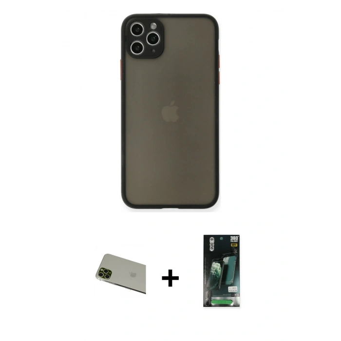 MARSİLYAN™- iPhone 11 Pro Max Kılıf Ahenk Çizgi Serisi - Siyah 360 Mat Full Body Arka Koruyucu + Rainbow Kamera Lens Koruma Cam - YL