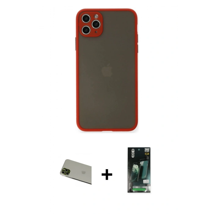 MARSİLYAN™- iPhone 11 Pro Max Kılıf Ahenk Çizgi Serisi - Siyah 360 Mat Full Body Arka Koruyucu + Rainbow Kamera Lens Koruma Cam - YL