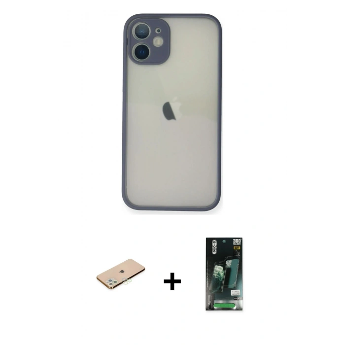 MARSİLYAN™- iPhone 11 Pro Max Kılıf Ahenk Çizgi Serisi - Siyah 360 Mat Full Body Arka Koruyucu + Renkli Kamera Lens Koruma Cam - YL