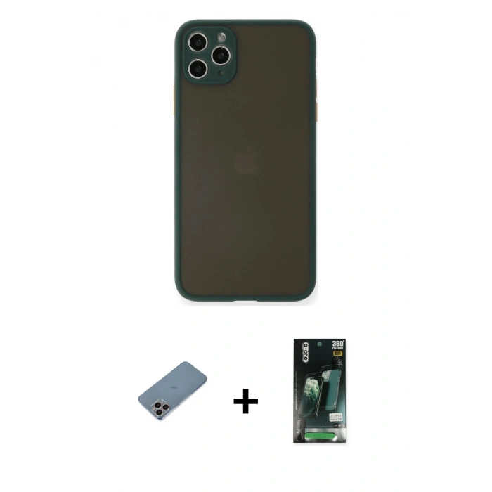 MARSİLYAN™- iPhone 11 Pro Max Kılıf Ahenk Çizgi Serisi - Siyah 360 Mat Full Body Arka Koruyucu + Shine Kamera Lens Koruma Cam - GI