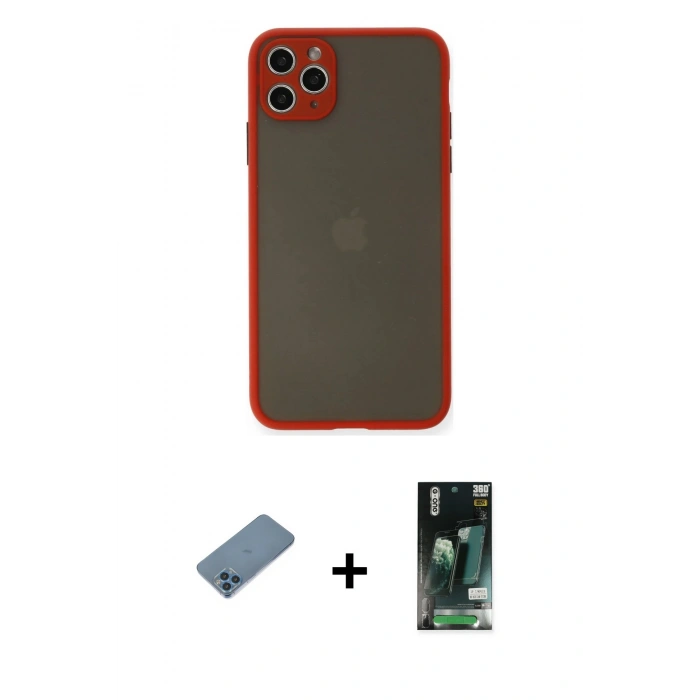 MARSİLYAN™- iPhone 11 Pro Max Kılıf Ahenk Çizgi Serisi - Siyah 360 Mat Full Body Arka Koruyucu + Shine Kamera Lens Koruma Cam - MI