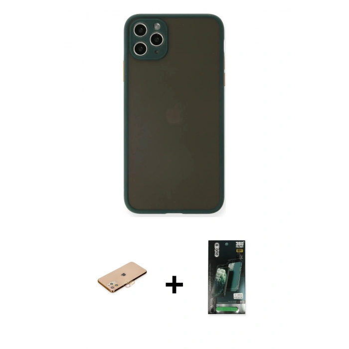 MARSİLYAN™- iPhone 11 Pro Max Kılıf Ahenk Çizgi Serisi - Siyah 360 Mat Full Body Arka Koruyucu + Renkli Kamera Lens Koruma Cam - TU