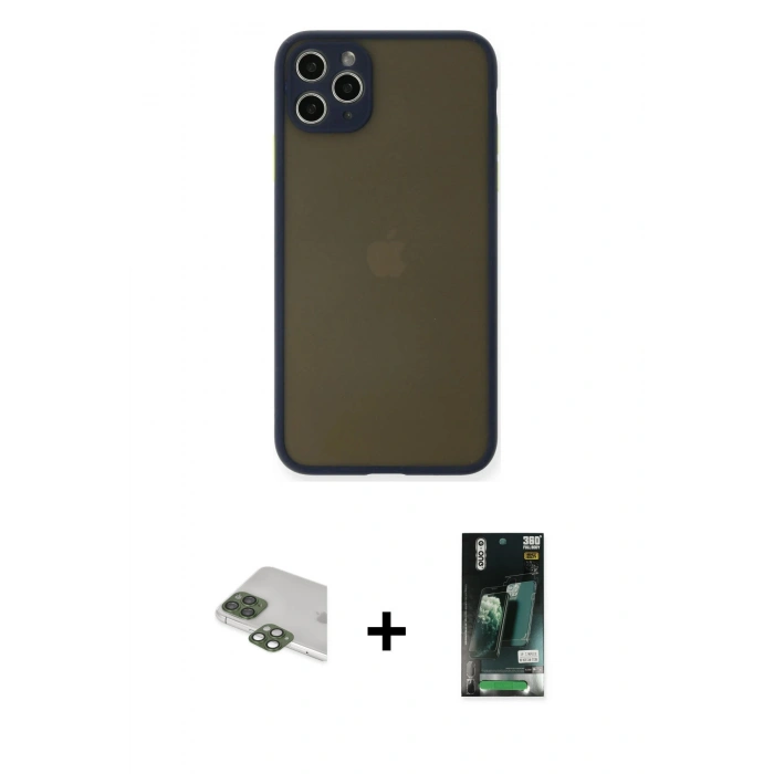 MARSİLYAN™- iPhone 11 Pro Max Kılıf Ahenk Çizgi Serisi - Siyah 360 Mat Full Body Arka Koruyucu + Pers Alüminyum Kamera Lens - YL