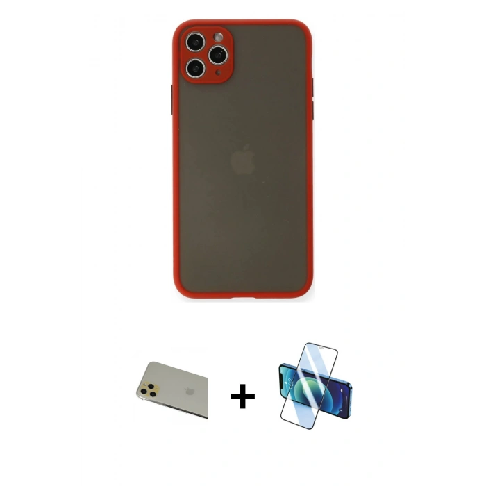 MARSİLYAN™- iPhone 11 Pro Max Kılıf Ahenk Çizgi Serisi - Siyah 3D Antistatik Cam Ekran Koruyucu + Rainbow Kamera Lens Koruma Cam - GD