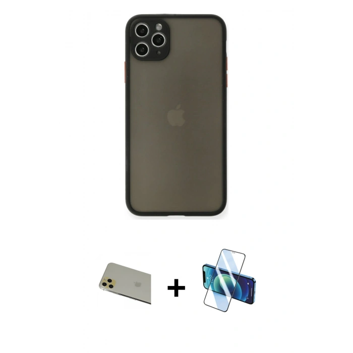 MARSİLYAN™- iPhone 11 Pro Max Kılıf Ahenk Çizgi Serisi - Siyah 3D Antistatik Cam Ekran Koruyucu + Rainbow Kamera Lens Koruma Cam - GD