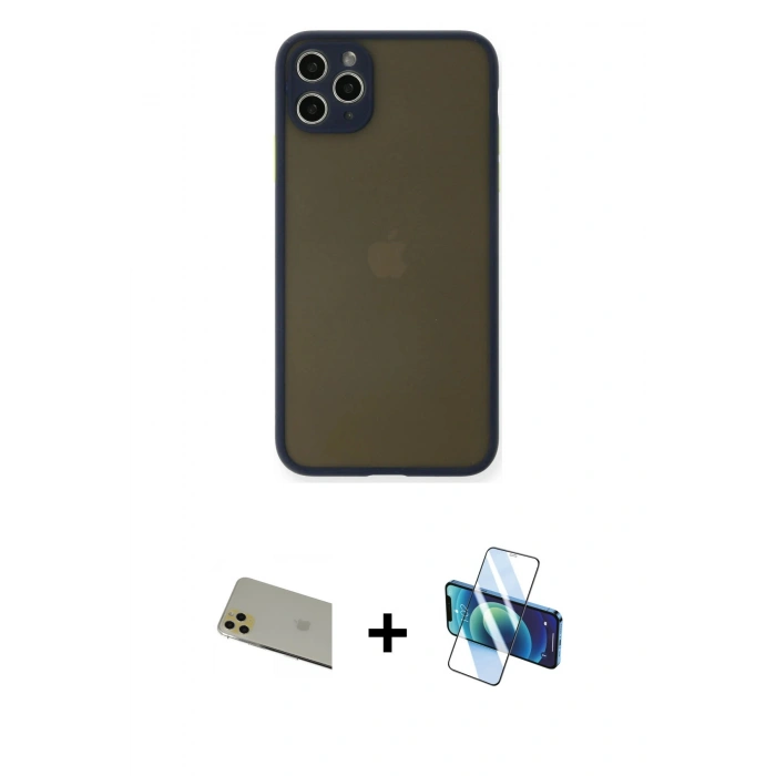 MARSİLYAN™- iPhone 11 Pro Max Kılıf Ahenk Çizgi Serisi - Siyah 3D Antistatik Cam Ekran Koruyucu + Rainbow Kamera Lens Koruma Cam - GD