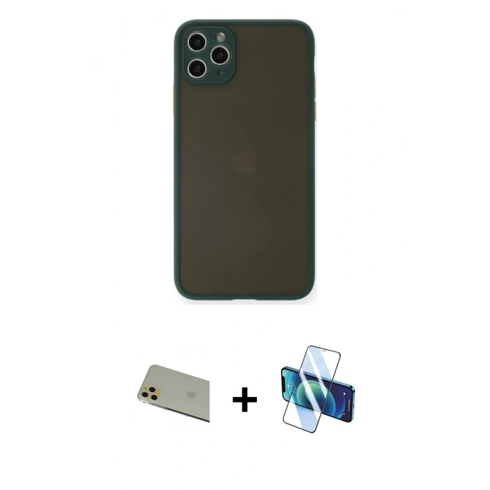 MARSİLYAN™- iPhone 11 Pro Max Kılıf Ahenk Çizgi Serisi - Siyah 3D Antistatik Cam Ekran Koruyucu + Rainbow Kamera Lens Koruma Cam - GD