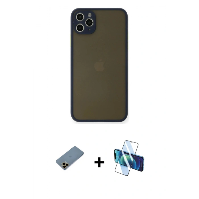 MARSİLYAN™- iPhone 11 Pro Max Kılıf Ahenk Çizgi Serisi - Siyah 3D Antistatik Cam Ekran Koruyucu + Shine Kamera Lens Koruma Cam - GD