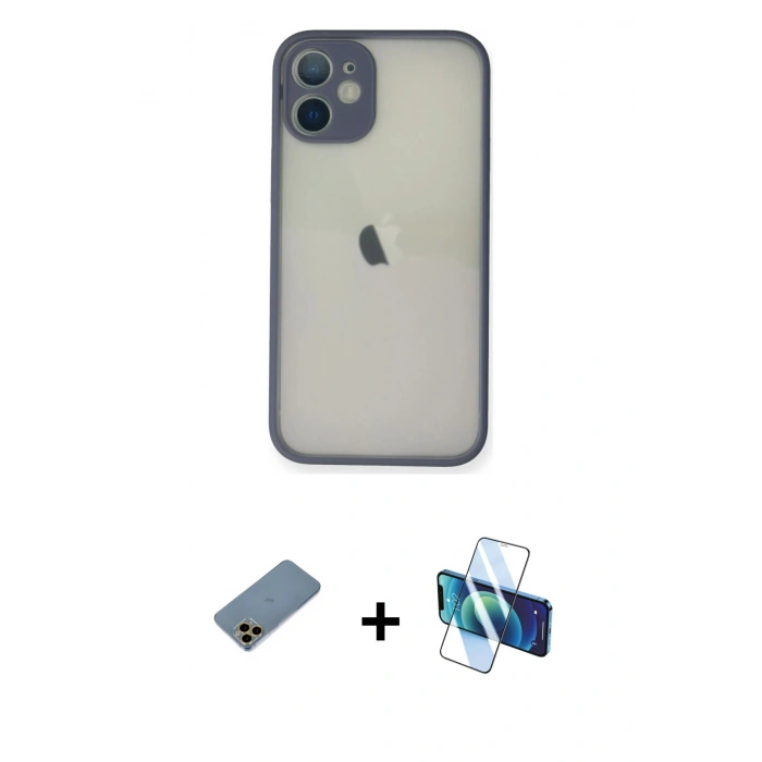 MARSİLYAN™- iPhone 11 Pro Max Kılıf Ahenk Çizgi Serisi - Siyah 3D Antistatik Cam Ekran Koruyucu + Shine Kamera Lens Koruma Cam - GD