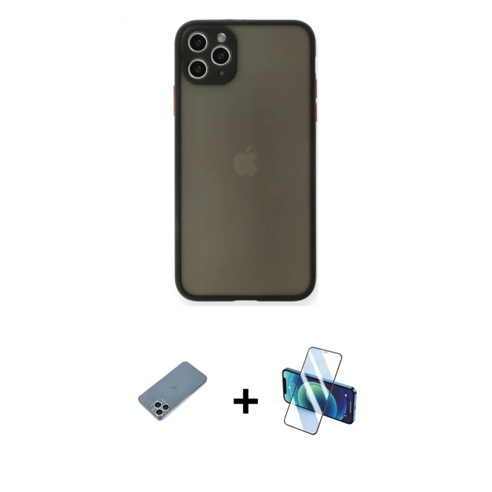MARSİLYAN™- iPhone 11 Pro Max Kılıf Ahenk Çizgi Serisi - Siyah 3D Antistatik Cam Ekran Koruyucu + Gümüş Shine Kamera Lens Koruma Cam