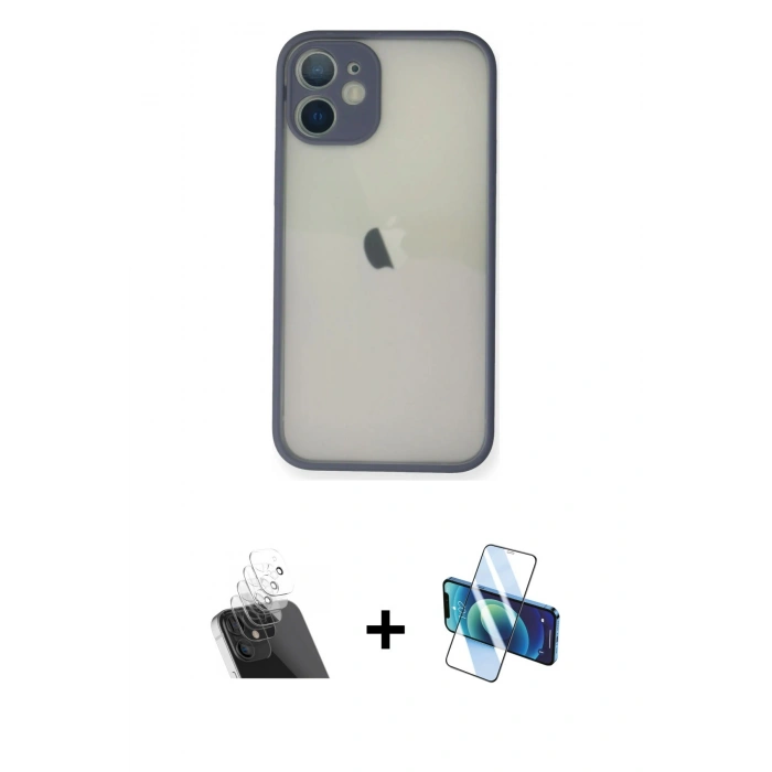 MARSİLYAN™- iPhone 11 Pro Max Kılıf Ahenk Çizgi Serisi - Siyah 3D Antistatik Cam Ekran Koruyucu + Kamera Lens Koruma Cam - SF