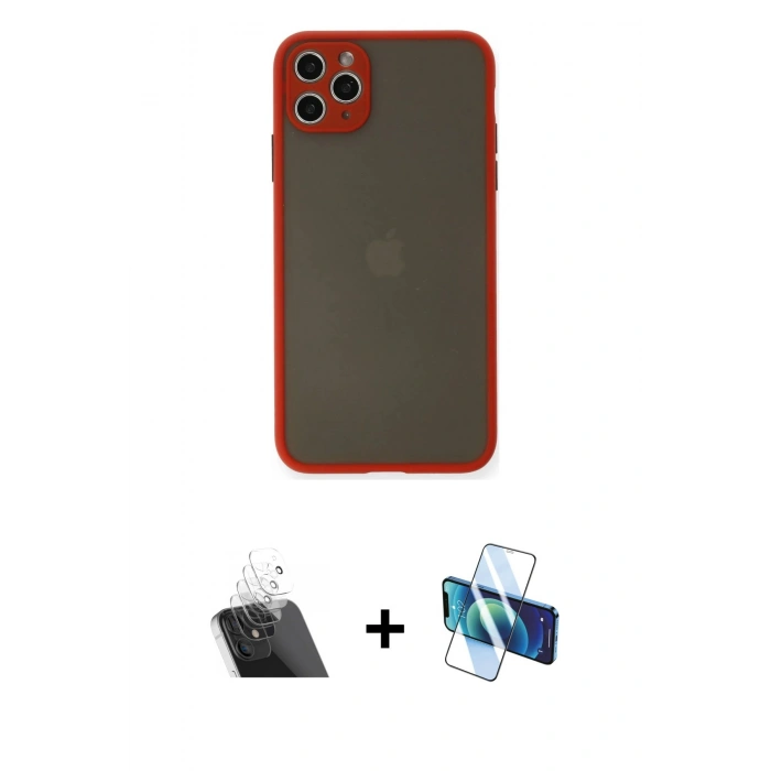 MARSİLYAN™- iPhone 11 Pro Max Kılıf Ahenk Çizgi Serisi - Siyah 3D Antistatik Cam Ekran Koruyucu + Kamera Lens Koruma Cam - SF