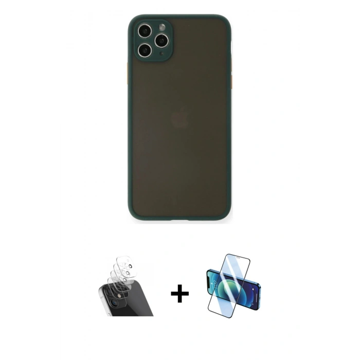 MARSİLYAN™- iPhone 11 Pro Max Kılıf Ahenk Çizgi Serisi - Siyah 3D Antistatik Cam Ekran Koruyucu + Kamera Lens Koruma Cam - SF