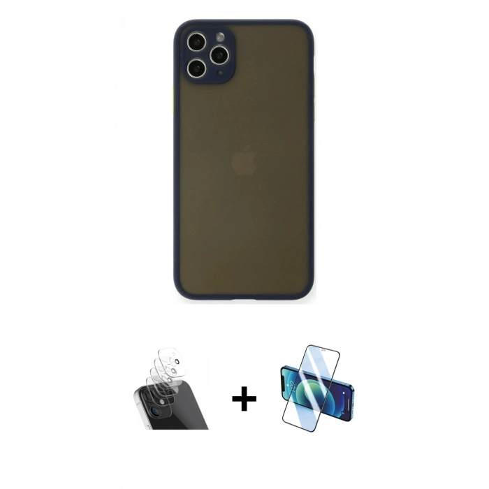 MARSİLYAN™- iPhone 11 Pro Max Kılıf Ahenk Çizgi Serisi - Siyah 3D Antistatik Cam Ekran Koruyucu + Kamera Lens Koruma Cam - SF