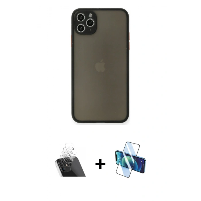 MARSİLYAN™- iPhone 11 Pro Max Kılıf Ahenk Çizgi Serisi - Siyah 3D Antistatik Cam Ekran Koruyucu + Kamera Lens Koruma Cam - SF