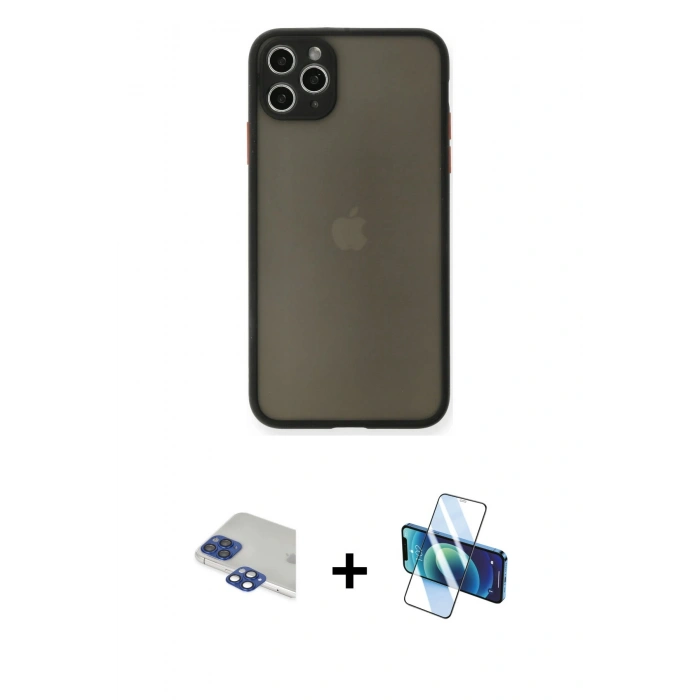 MARSİLYAN™- iPhone 11 Pro Max Kılıf Ahenk Çizgi Serisi - Siyah 3D Antistatik Cam Ekran Koruyucu + Pers Alüminyum Kamera Lens - LT