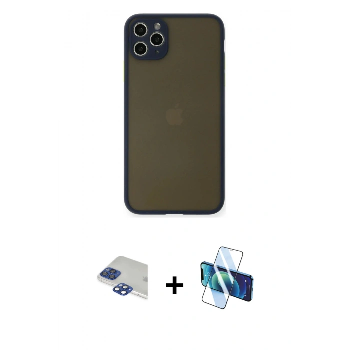 MARSİLYAN™- iPhone 11 Pro Max Kılıf Ahenk Çizgi Serisi - Siyah 3D Antistatik Cam Ekran Koruyucu + Pers Alüminyum Kamera Lens - LT