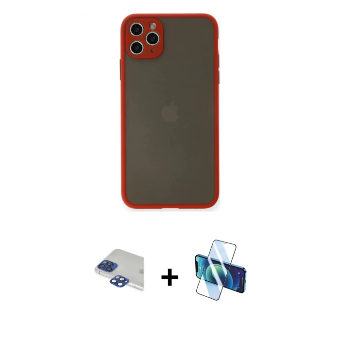 MARSİLYAN™- iPhone 11 Pro Max Kılıf Ahenk Çizgi Serisi - Siyah 3D Antistatik Cam Ekran Koruyucu + Pers Alüminyum Kamera Lens - LT