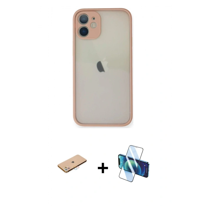 MARSİLYAN™- iPhone 11 Pro Max Kılıf Ahenk Çizgi Serisi - Siyah 3D Antistatik Cam Ekran Koruyucu + Renkli Kamera Lens Koruma Cam - PE
