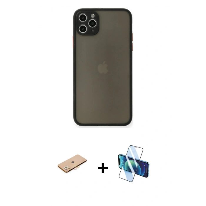 MARSİLYAN™- iPhone 11 Pro Max Kılıf Ahenk Çizgi Serisi - Siyah 3D Antistatik Cam Ekran Koruyucu + Renkli Kamera Lens Koruma Cam - TU