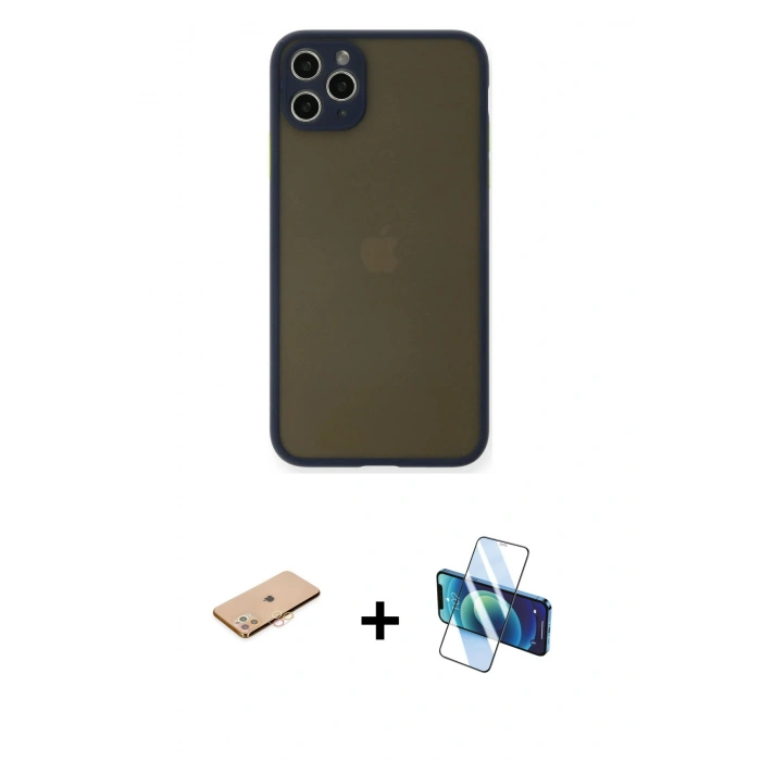 MARSİLYAN™- iPhone 11 Pro Max Kılıf Ahenk Çizgi Serisi - Siyah 3D Antistatik Cam Ekran Koruyucu + Renkli Kamera Lens Koruma Cam - TU