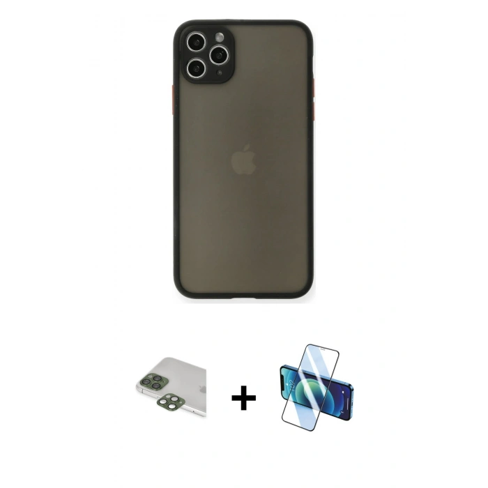 MARSİLYAN™- iPhone 11 Pro Max Kılıf Ahenk Çizgi Serisi - Siyah 3D Antistatik Cam Ekran Koruyucu + Pers Alüminyum Kamera Lens - YL