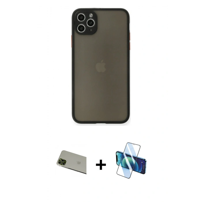 MARSİLYAN™- iPhone 11 Pro Max Kılıf Ahenk Çizgi Serisi - Siyah 3D Antistatik Cam Ekran Koruyucu + Yeşil Rainbow Kamera Lens Koruma Cam