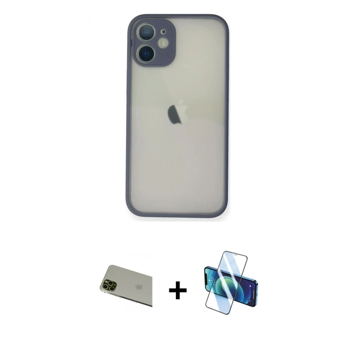 MARSİLYAN™- iPhone 11 Pro Max Kılıf Ahenk Çizgi Serisi - Siyah 3D Antistatik Cam Ekran Koruyucu + Yeşil Rainbow Kamera Lens Koruma Cam