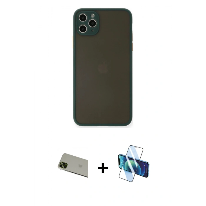 MARSİLYAN™- iPhone 11 Pro Max Kılıf Ahenk Çizgi Serisi - Siyah 3D Antistatik Cam Ekran Koruyucu + Yeşil Rainbow Kamera Lens Koruma Cam