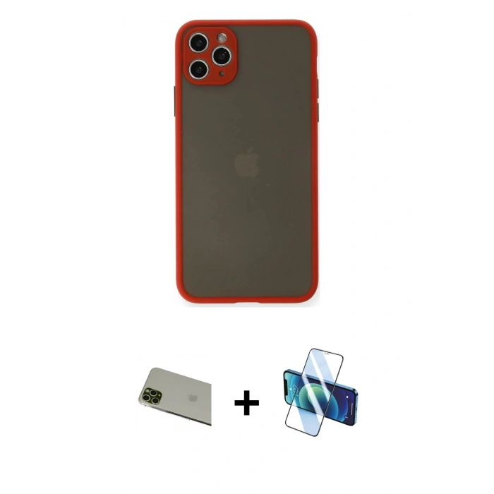 MARSİLYAN™- iPhone 11 Pro Max Kılıf Ahenk Çizgi Serisi - Siyah 3D Antistatik Cam Ekran Koruyucu + Yeşil Rainbow Kamera Lens Koruma Cam