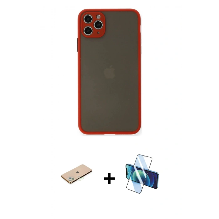 MARSİLYAN™- iPhone 11 Pro Max Kılıf Ahenk Çizgi Serisi - Siyah 3D Antistatik Cam Ekran Koruyucu + Renkli Kamera Lens Koruma Cam - YL
