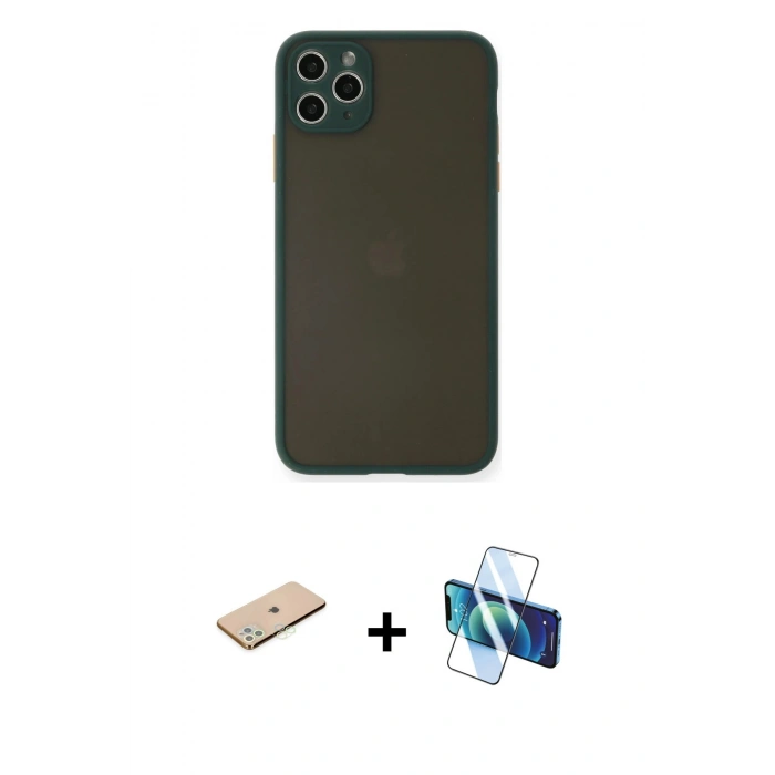 MARSİLYAN™- iPhone 11 Pro Max Kılıf Ahenk Çizgi Serisi - Siyah 3D Antistatik Cam Ekran Koruyucu + Renkli Kamera Lens Koruma Cam - YL