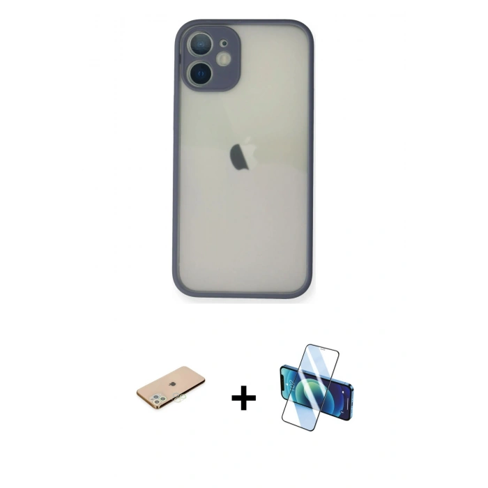 MARSİLYAN™- iPhone 11 Pro Max Kılıf Ahenk Çizgi Serisi - Siyah 3D Antistatik Cam Ekran Koruyucu + Renkli Kamera Lens Koruma Cam - YL