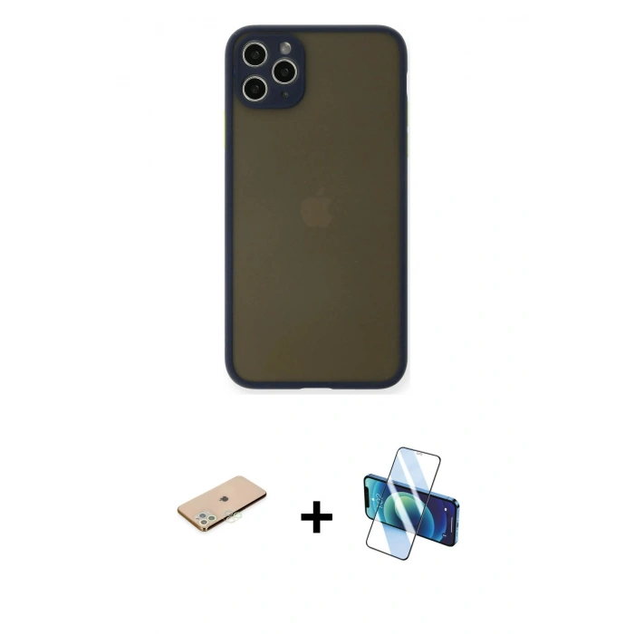 MARSİLYAN™- iPhone 11 Pro Max Kılıf Ahenk Çizgi Serisi - Siyah 3D Antistatik Cam Ekran Koruyucu + Renkli Kamera Lens Koruma Cam - YL