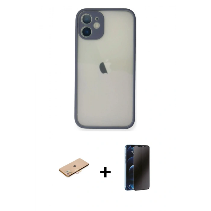 MARSİLYAN™- iPhone 11 Pro Max Kılıf Ahenk Çizgi Serisi - Siyah 3D Antistatik Hayalet Cam Ekran Koruyucu + Renkli Kamera Lens Koruma Cam - TU