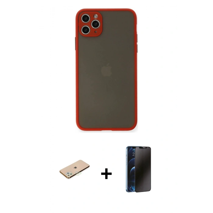 MARSİLYAN™- iPhone 11 Pro Max Kılıf Ahenk Çizgi Serisi - Siyah 3D Antistatik Hayalet Cam Ekran Koruyucu + Renkli Kamera Lens Koruma Cam - YL