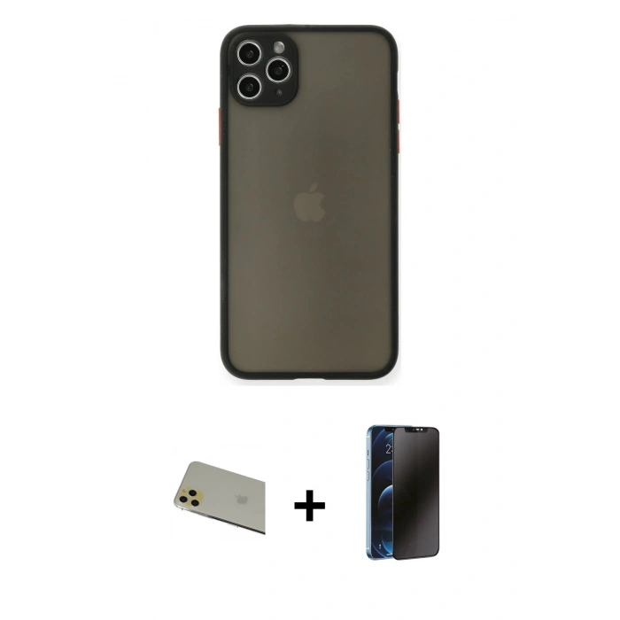 MARSİLYAN™- iPhone 11 Pro Max Kılıf Ahenk Çizgi Serisi - Siyah 3D Antistatik Hayalet Cam Ekran Koruyucu + Rainbow Kamera Lens Koruma Cam - GD
