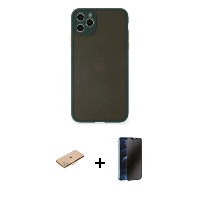 MARSİLYAN™- iPhone 11 Pro Max Kılıf Ahenk Çizgi Serisi - Siyah 3D Antistatik Hayalet Cam Ekran Koruyucu + Renkli Kamera Lens Koruma Cam - TU
