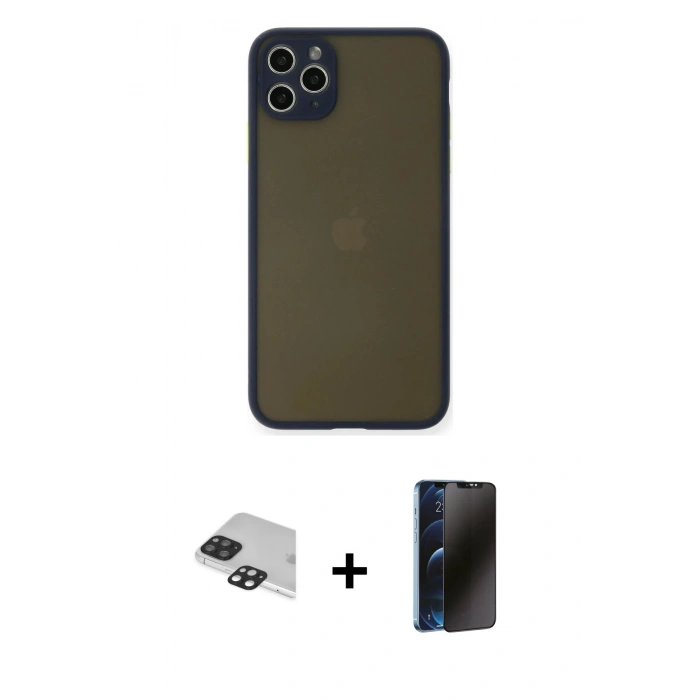 MARSİLYAN™- iPhone 11 Pro Max Kılıf Ahenk Çizgi Serisi - Siyah 3D Antistatik Hayalet Cam Ekran Koruyucu + Pers Alüminyum Kamera Lens - SH